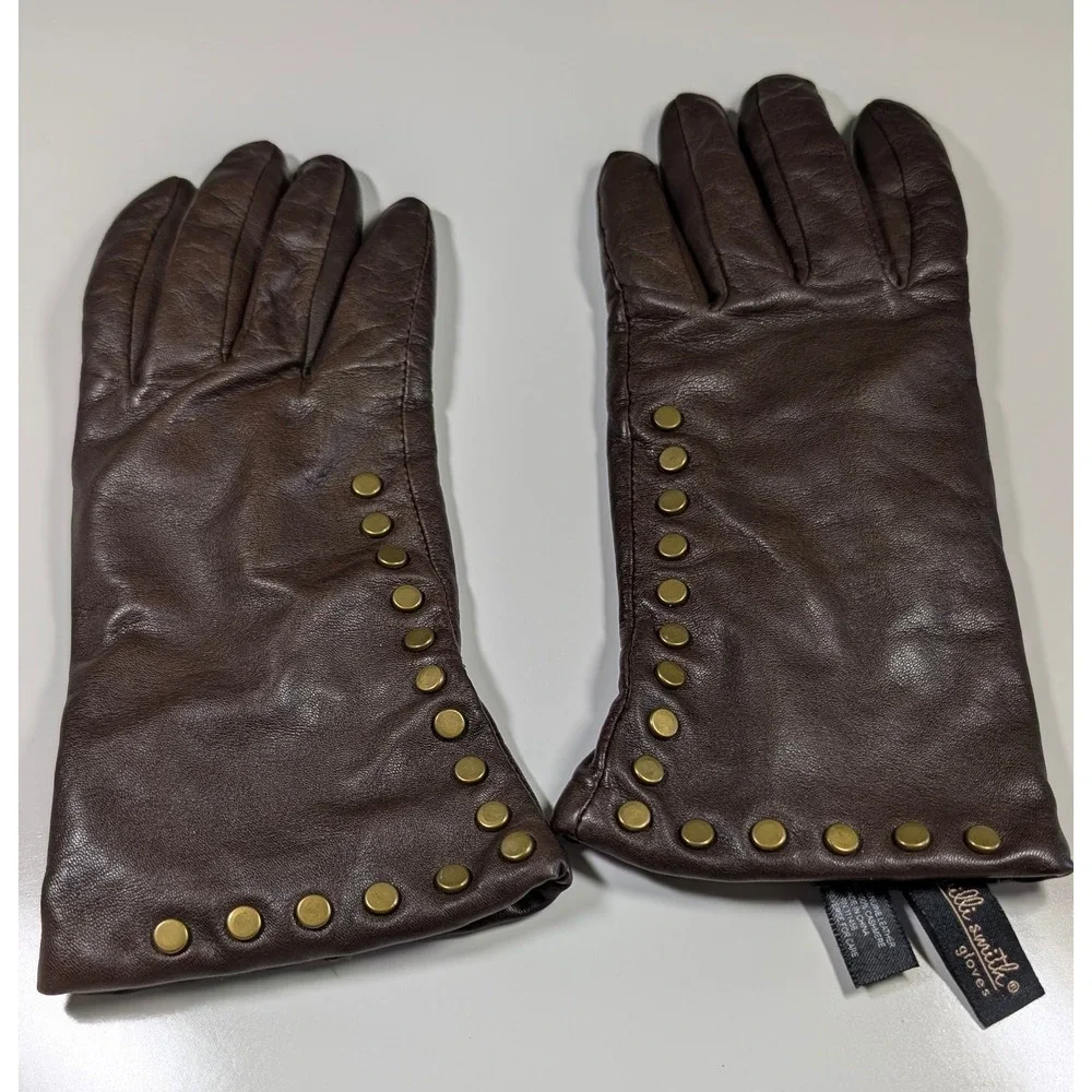 Milli‎ Smith Brown Leather Cashmere Lined Studded Gloves Womens Size Small S
